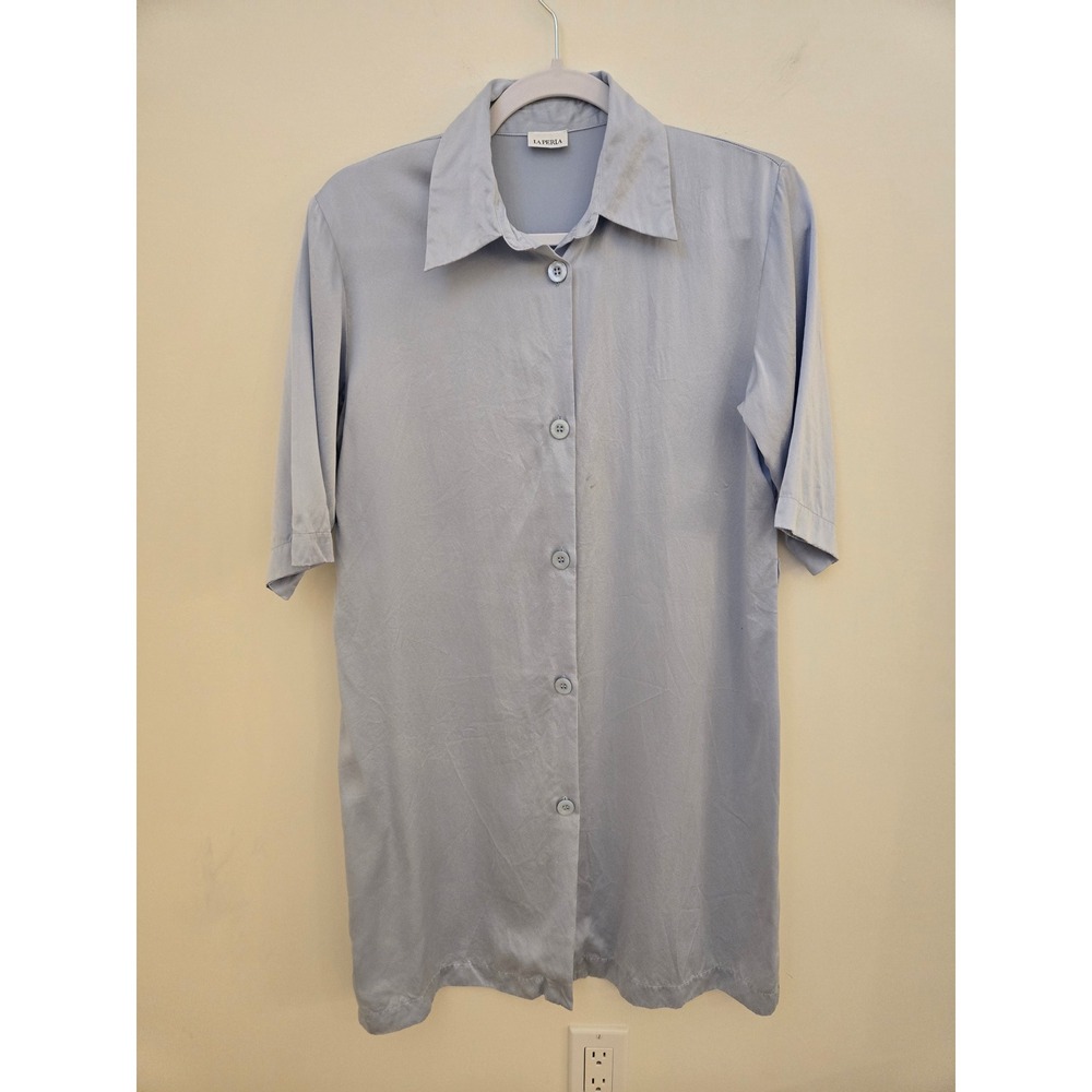 La Perla Sleep Shirt Light Blue Button Front Short Sleeve Nightgown Loungewear